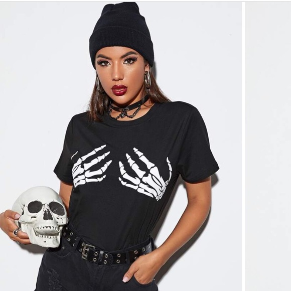 SHEIN Punk Skeleton Hand Print Tee - Picture 1 of 7